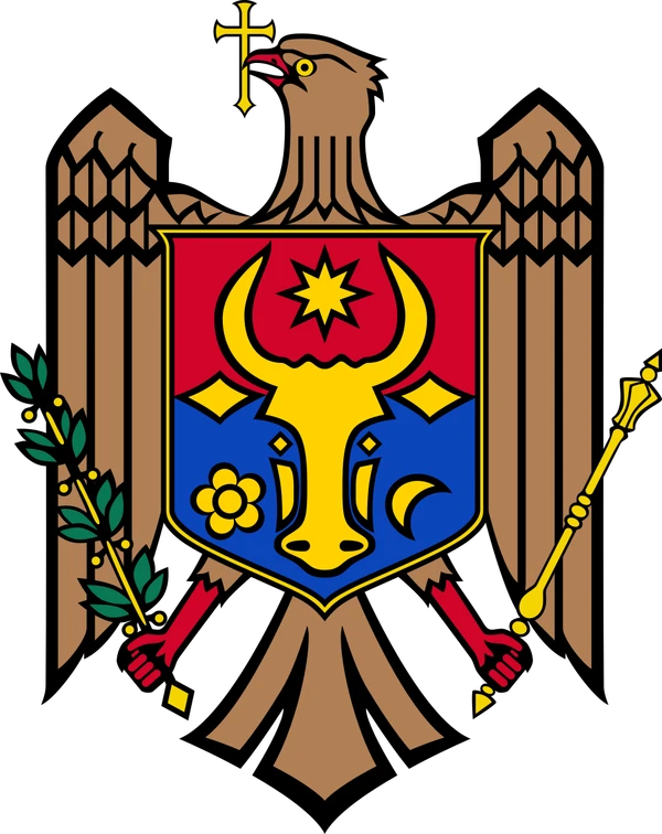 The state coat of arms of the Republic of Moldova — the cross-bearing eagle with the shield and the aurochs head